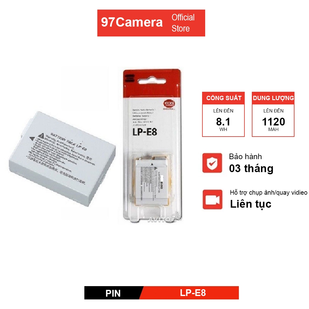 Pin sạc LP-E8 LC E8 cho máy ảnh Canon 550D 600D 650D 700D,...