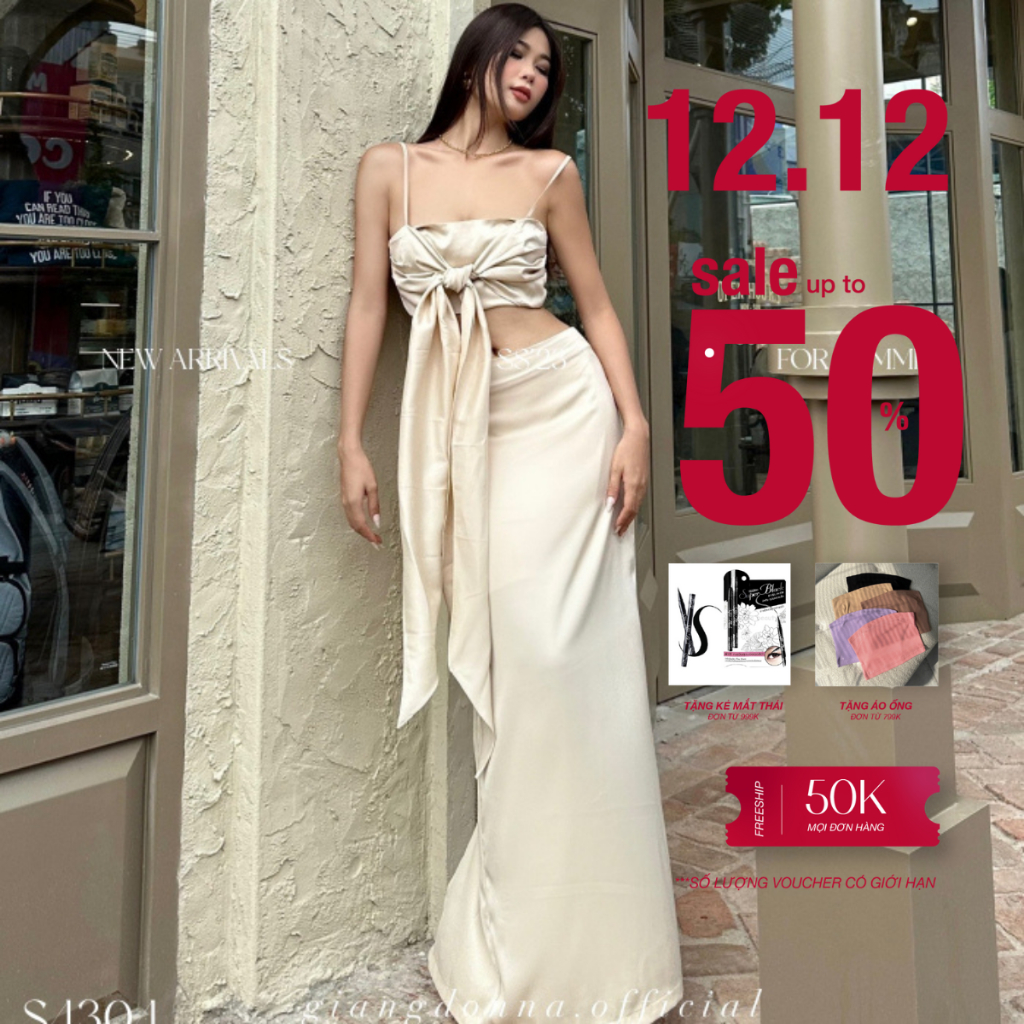 [12.12 UPTO 50% + VC 30%] GIANG DONNA - Set SIRENA 5304 Chất Lụa Áo Cột Kiểu Kèm Chân Váy Suông Dài Đi Tiệc Sang Trọng