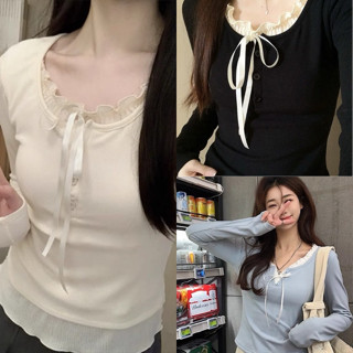 Áo kiểu phối bèo ren đen trắng xanh cột dây sang trọng chất thun tăm VANISA CT117