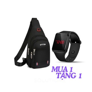 (GIÁ SỐC) COMBO bộ 2 Túi đeo chéo vải canvas có lỗ luồn sạc, tai nghe+ Đồng hồ LED sang trọng
