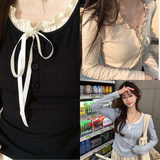 Áo kiểu phối bèo ren đen trắng xanh cột dây sang trọng chất thun tăm xinh xắn VANISA CT117