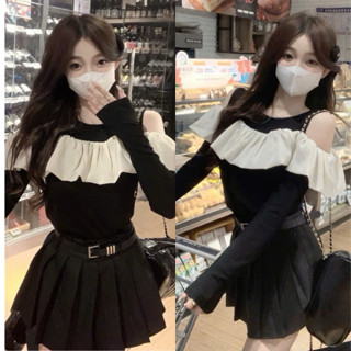  Áo kiểu bẹt vai phối bèo chất thun lụa  voan hở vai đen chất thun lụa gân đen xinh VANISA CT119 