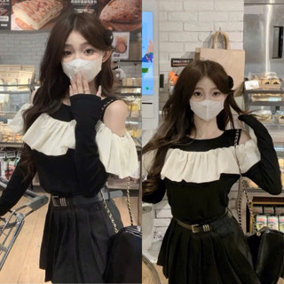  Áo kiểu bẹt vai phối bèo voan hở vai đen gân đen xinh chất thun lụa  VANISA CT119 