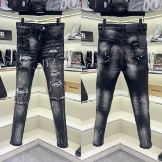 Quần jean bò nam DSQ slimfit đen mài bạc vảy sơn vá vải rách đùi cào xước ống cao cấp boy phố QJ649P
