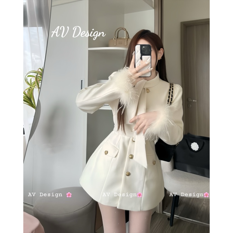 Váy nữ, Váy Dạ nữ Phối Lông Vũ Phối Khuy Đồng Vàng Có Đệm Vai Kèm Đai Eo Chuẩn Form AV Design