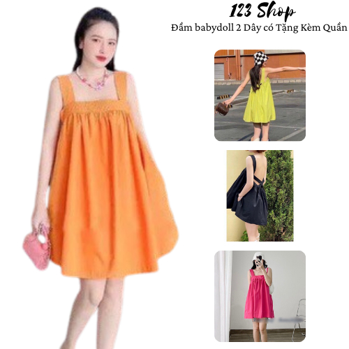 Đầm babydoll 2 Dây có Tặng Kèm Quần đi chơi du lịch biển Chun Ngực thun chéo lưng Sau dáng maxi Siêu Xinh 123SHOP