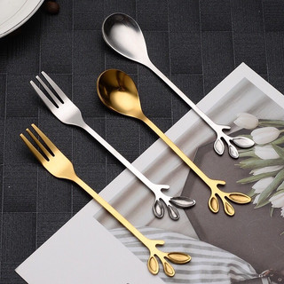 Thìa inox, dĩa inox mạ vàng thiết kế tay cầm hình lá sang trọng