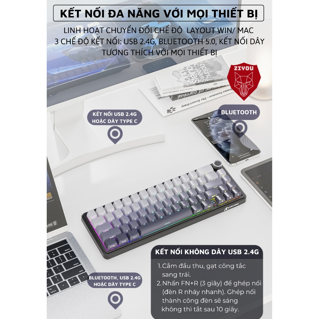 Bàn Phím Không Dây Ziyou Attack Shark X66 Led RGB Hotswap 5 Pin 3 Mode Kết Nối App Tùy Chỉnh | BigBuy360 - bigbuy360.vn