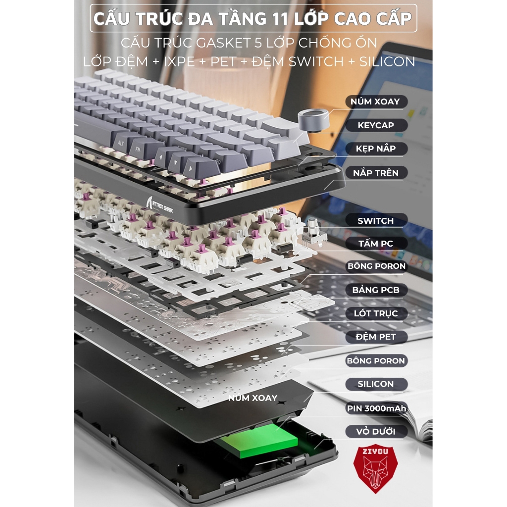 Bàn Phím Không Dây Ziyou Attack Shark X66 Led RGB Hotswap 5 Pin 3 Mode Kết Nối App Tùy Chỉnh | BigBuy360 - bigbuy360.vn