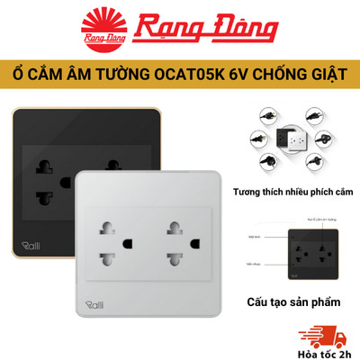 Ổ cắm âm tường 2 chấu  đa năng Rạng Đông OCAT05K chống giật an toàn, tương thích với mọi loại phích cắm