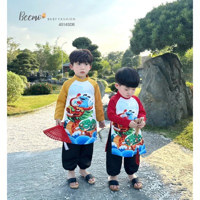 Set bộ áo dài Beemo in hình rồng vui nhộn vải siêu nhẹ cho bé trai mặc sự kiện, tết, chụp hình 4514SDB