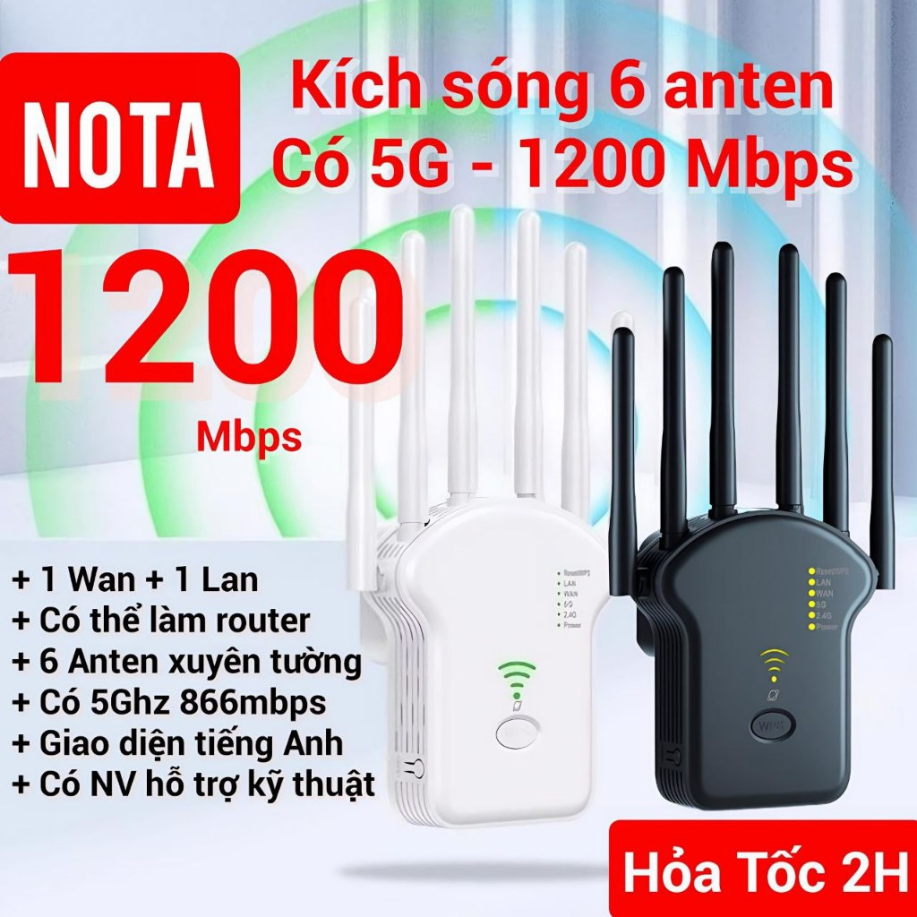 Kích wifi 6 râu 5G công suất 1200Mbps 2.4G 300Mbps Mở rộng sóng router phát wifi xuyên tường mạnh