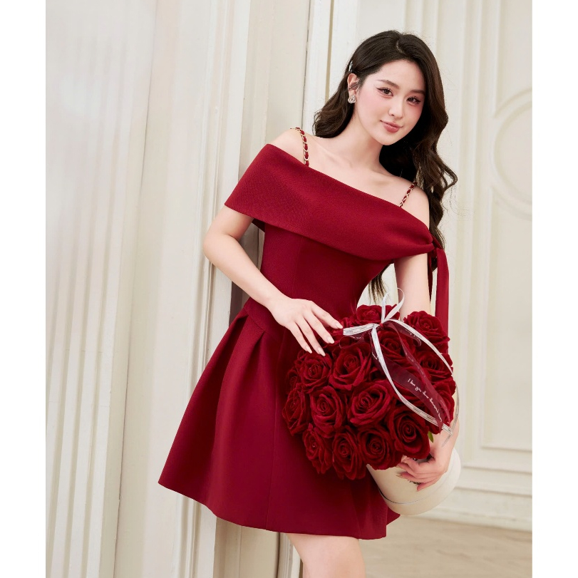 ZAMY SHOP - Váy TK trễ vai đỏ nơ lệch váy body nữ tôn dáng, đầm dự tiêc sang chảnh, váy nữ 2025