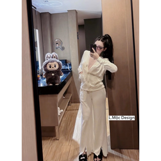 Sét bộ nữ Áo len tăm thỏ đóng khuy phối lông túi + Quần xuông xẻ ống siêu đẹp sang chảnh