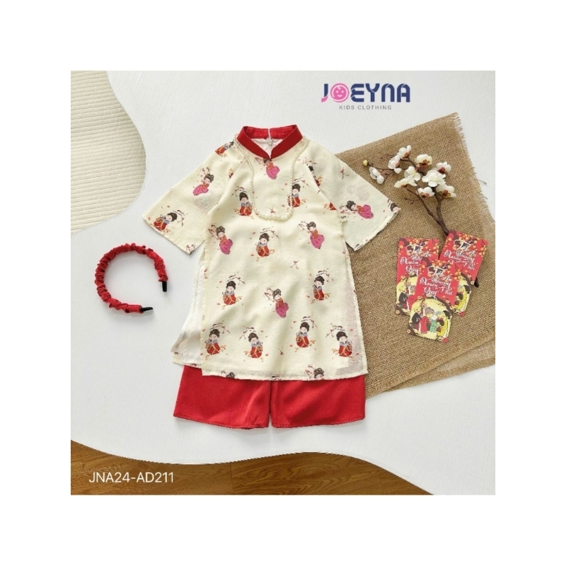 áo dài đỏ tết cho bé gái, set áo dài tơ lụa kèm bờm cao cấp Joeyna bé gái, áo cách điệu cổ phiếu siê