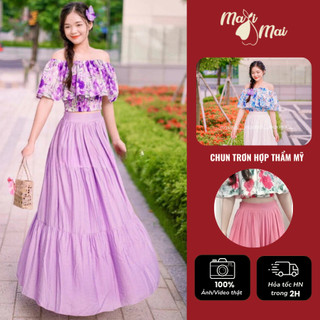 Set áo trễ vai thô boi in hình hoa siêu đẹp và chân váy đũi Maxi Mai[SE01]