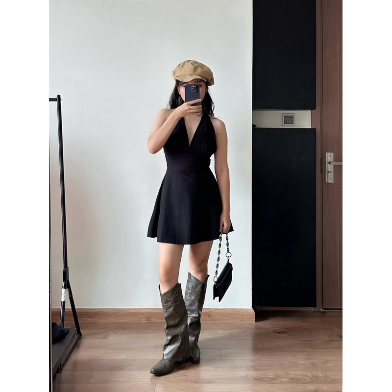 Đầm cột nơ cổ yếm V, chất kaki thun dày dặn co giãn. Phong cách sexy xinh đẹp (Ảnh tự chụp) | BigBuy360 - bigbuy360.vn