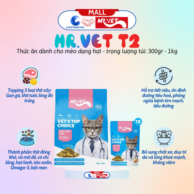 [HỎA TỐC] Thức ăn hạt cho mèo MRVET Thế hệ T2 mới - Tăng cường Omega 3, giúp mèo mượt lông, giảm rụng