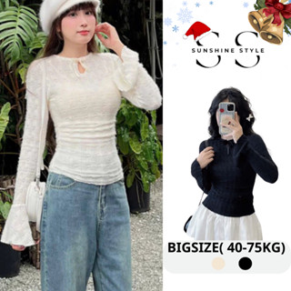 Áo len nữ Sunshine Style áo ren họa tiết tay loe dáng ôm phối nơ ngực phong cách Hàn Quốc 3943