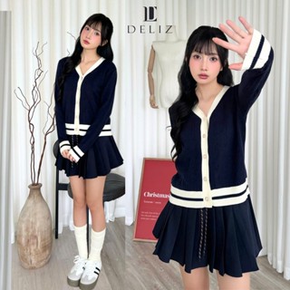 (MỞ BÁN) Áo khoác len cardigan dài tay cổ tim xanh than phối viền trắng hàng thiết kế cao cấp DELIZ