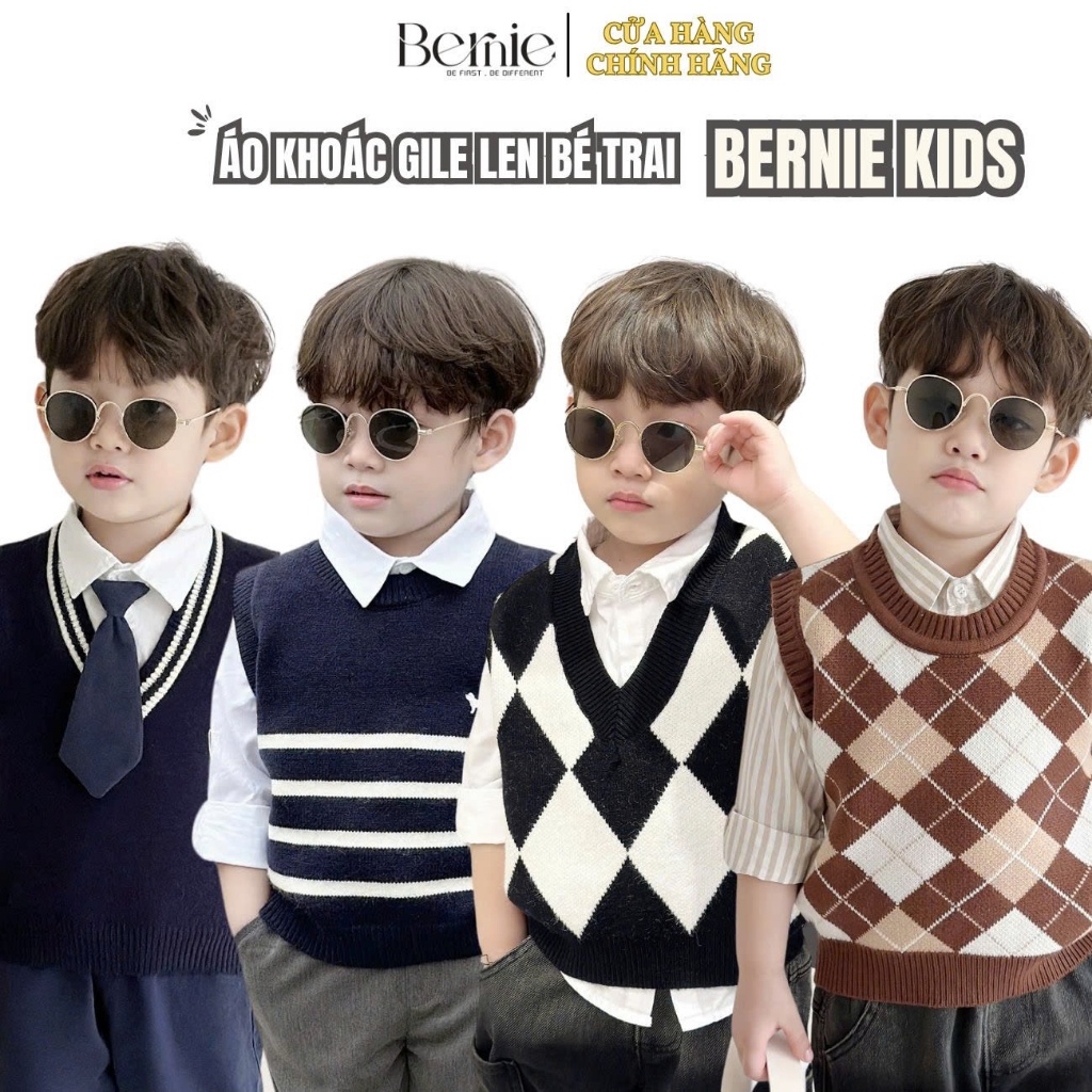 Áo gile cho bé trai bé gái tổng hợp chất len thừng phối viền từ 1 tới 7 tuổi BERNIE kids 0923A012