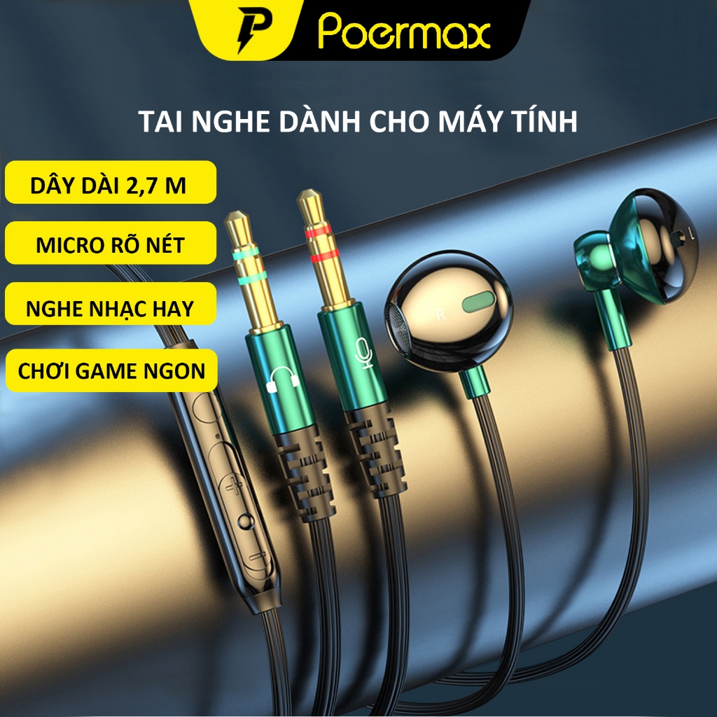 Tai nghe máy tính Poernax C70 dành cho máy tính có 2 giắc cổng cắm, có mic đàm thoại, dây dài 2.5m