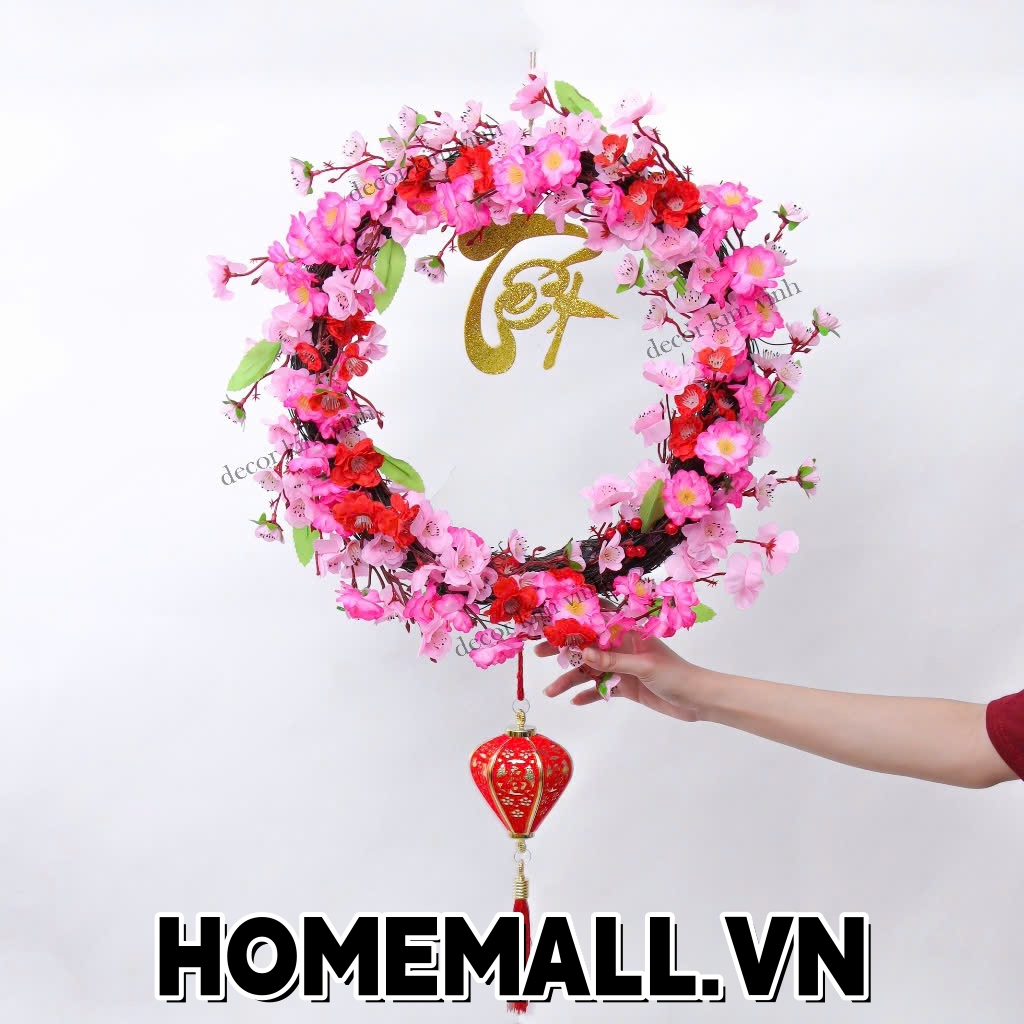 Vòng Hoa Trang Trí Tết Xuân, Vòng Hoa Tết H95 Kèm Đèn TR26