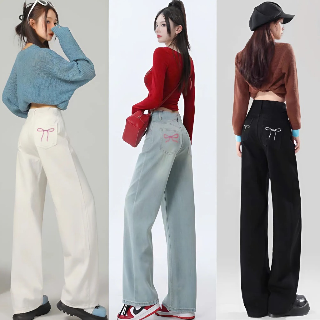 Quần Kaki Nữ Lưng Cao MIAA Ống Suông THÊU NƠ Túi Sau Cá Tính, Quần Jean Nữ Ống Rộng Hottrend