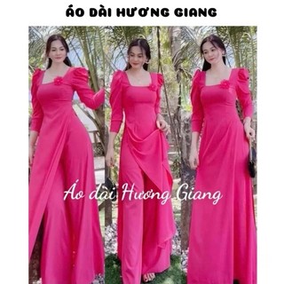 Áo dài lụa mỹ cổ vuông đính hoa điệu đà, mềm mịn, co dãn, quần cùng màu áo_ Áo Dài Hương Giang
