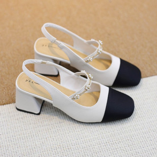 Giày Sandal Slingback YZX Phối Mũi Gót Vuông Da Mềm Quai Ngọc 6p QCCC [ Ảnh Thật]