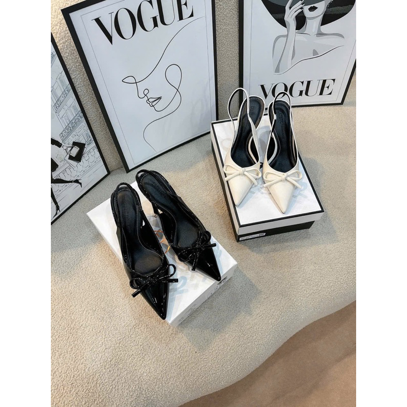 Giày cao gót mũi nhọn đính nơ Noel trắng-đen-đỏ gót cao 7cm | BigBuy360 - bigbuy360.vn