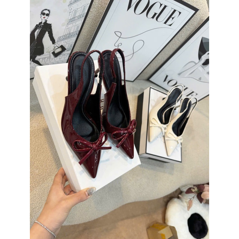 Giày cao gót mũi nhọn đính nơ Noel trắng-đen-đỏ gót cao 7cm | BigBuy360 - bigbuy360.vn