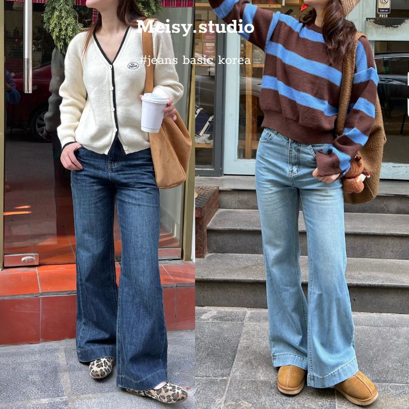  Quần jeans bò ống rộng loe nữ cạp lưng cao bản gấu to phong cách Hàn Quốc Meisy DLORL01 