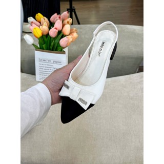   Giảm 1 size  Giày slingback hở gót nơ miu đen trắng mũi nhọn êm chân cho nữ 