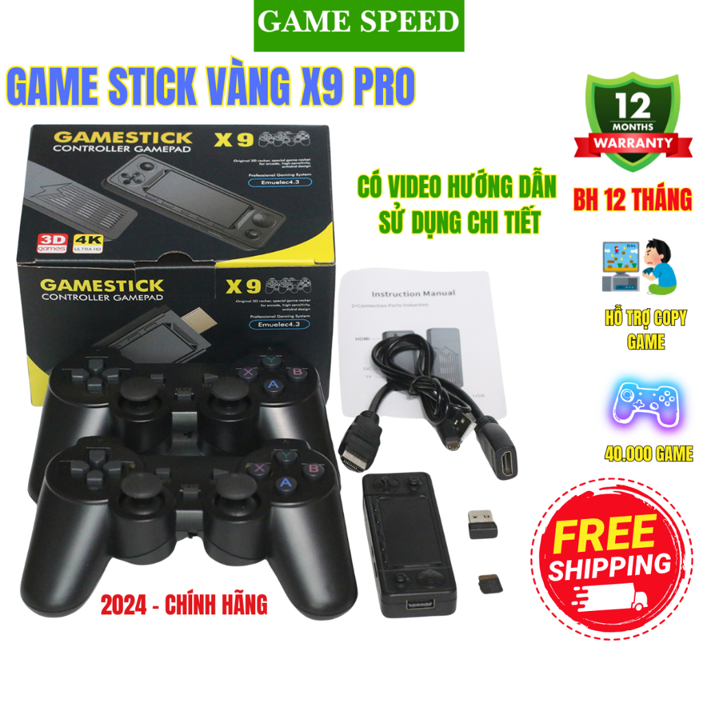 Máy Chơi Game Stick Vàng X9 Chip S905X3 cấu hình cao Kèm 2 tay cầm Ram 2GB Có 40000 Game Cài Sẵn Độ 