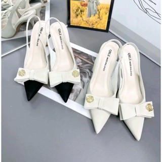 giày cao gót nữ quai hậu phôi nơ công chúa phụ kiện hoa trà chất da nhung mềm mịn đế nhọn 7 phân.