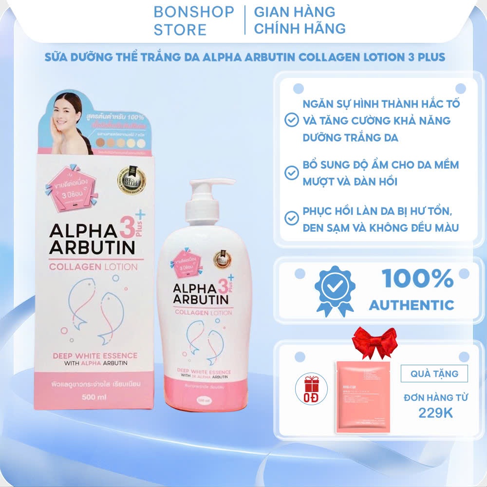 Sữa Dưỡng Thể Trắng Da Alpha Arbutin Collagen Lotion 3 Plus Thái Lan 500ml , Sữa tắm trắng da Alpha 