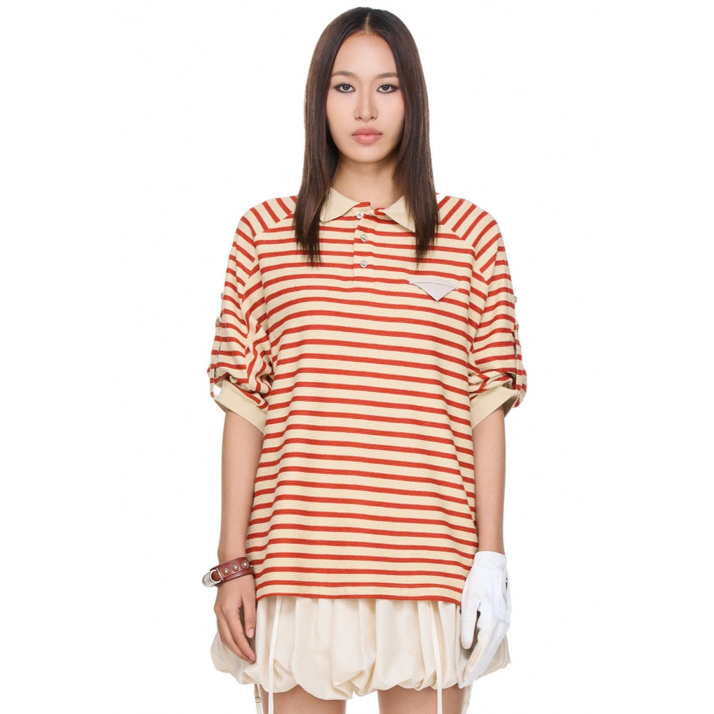 Áo thun polo unisex tay lửng kẻ sọc - BEUTER Distractions Red Striped Polo Shirt