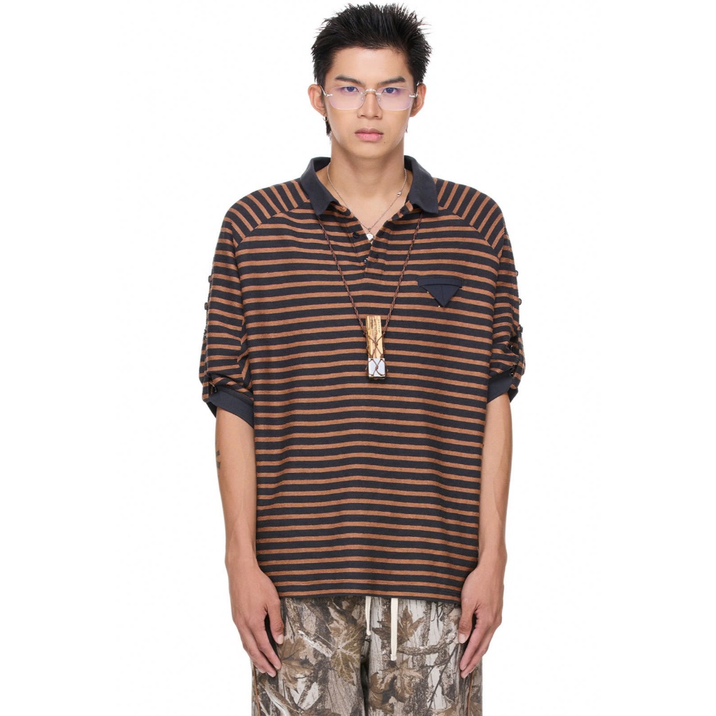 Áo thun polo unisex tay lửng kẻ sọc - BEUTER Distractions Black Striped Polo Shirt