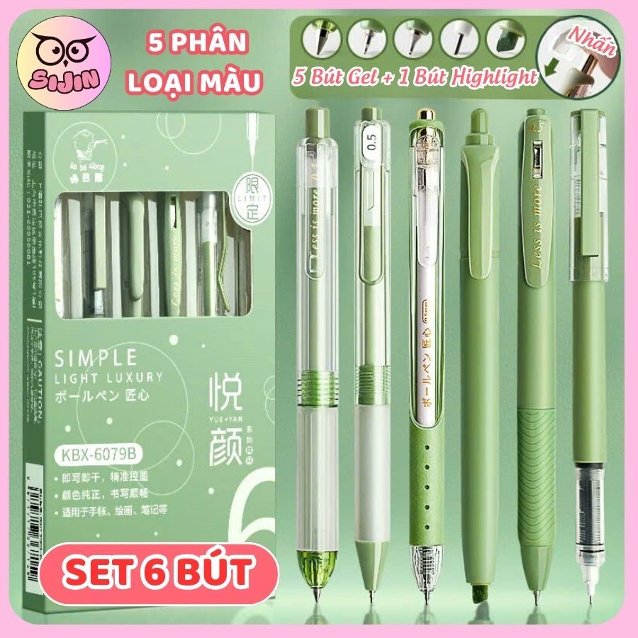 Set 6 Bút Mực Gel & Bút Highlight – Bút Gel Mực Đen 0.5mm, Bút Highlight Màu Pastel Tươi Sáng,Thiết 