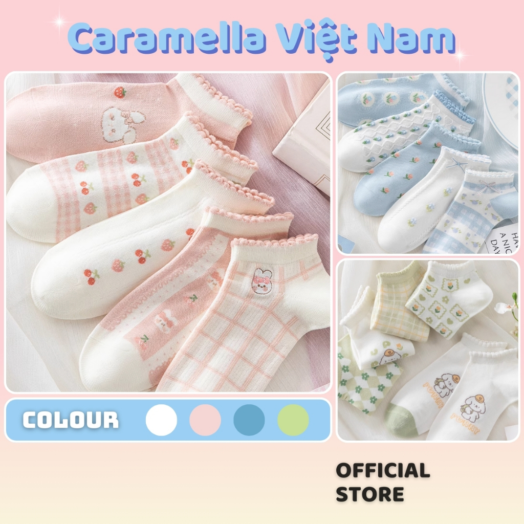 [XẢ KHO] Tất Vớ Nữ Cổ Ngắn Caramella Chất Cotton Cao Cấp Màu Hồng Xanh Lá Xanh Dương Họa Tiết Dễ Thư