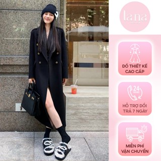Áo khoác măng tô La.na chất liệu dạ Hàn cao cấp phối màu đen cá tính - A1208