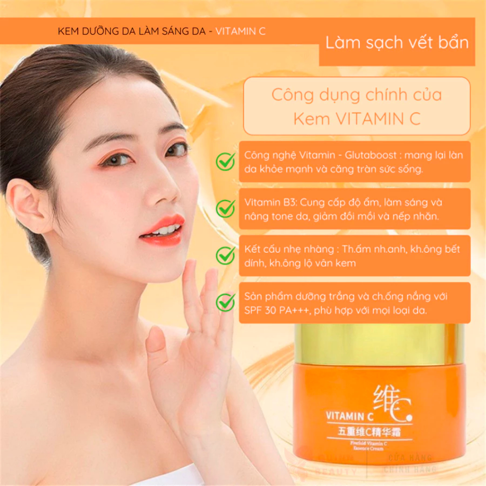 Kem dưỡng da Vitamin C - Kem lười Vitamin C dưỡng trắng da, nâng tông, đều màu, trẻ hóa da, chống nắng SPF 30 PA+++