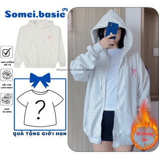 Áo khoác hoodie zip form rộng thêu nơ hồng mũ siêu to, có túi trong, chất liệu nỉ ép Hàn cao cấp