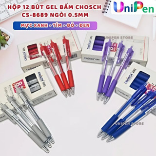 Hộp 12 Bút viết Mực Gel bấm CHOSCH CS-8698 Ngòi 0.5mm mực xanh / tím / đen / đỏ , mực đẹp , Có Đệm Cao Su Êm Tay Unipen
