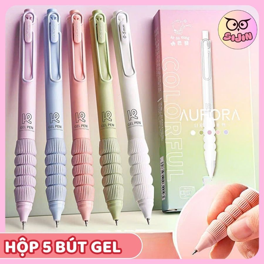 Hộp 5 Bút Bi Bấm Ngòi 0.5mm Mực Đen, Bút Gel Đệm Tay Silicon êm Ái, Thanh Kẹp Kim Loại Chắc Chắn, Vi