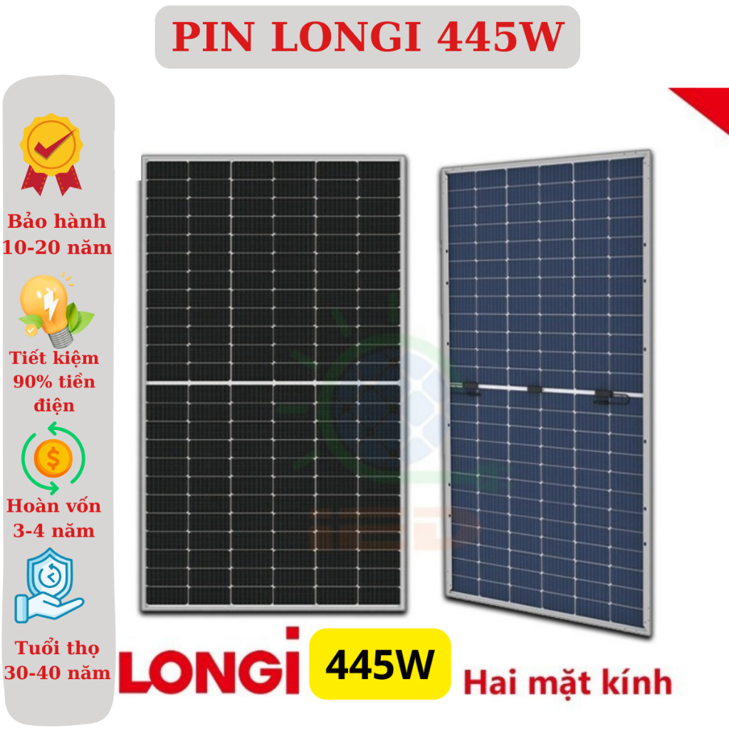 Tấm Pin mặt trời Longi 445W LOẠI A 2 mặt kính HIỆU SUẤT CAO - Home Shop 68
