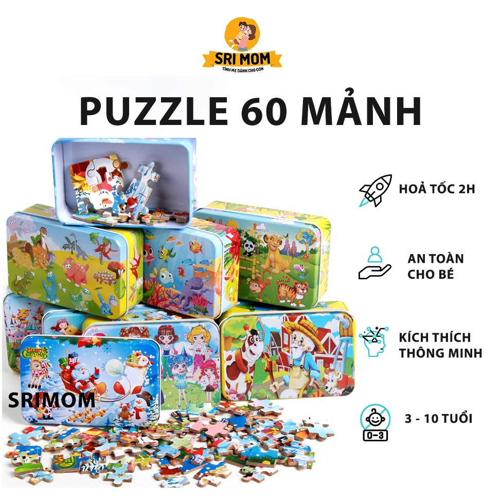Đồ Chơi Xếp Hình Puzzle 60 Mảnh Gỗ Hộp Sắt Phát Triển Tư Duy Và Trí Thông Minh Cho Bé 3-10 tuổi - SRIMOM