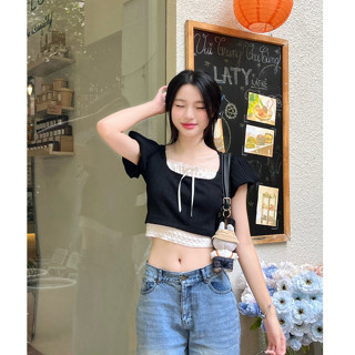 [Voucher Xtra] Áo thun form croptop tay phồng cổ vuông phối ren thắt nơ Rowie Top - Sibling House