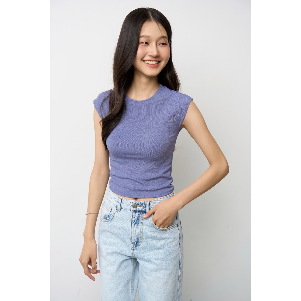 HASHTAGEM - Áo Thun Tăm Cổ Tròn SUCC.02 Slim-Fit Ultra Crop Cap Sleeve Top Màu Xanh Than